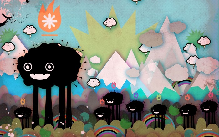 Fantasy art illustration of cartoon creatures in a landscape
