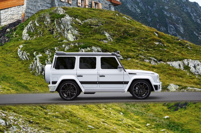White Mansory Gronos Mercedes G63 SUV on Mountain Road