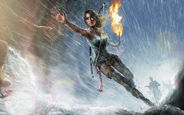 Lara Croft from Tomb Raider in a storm with a torch
