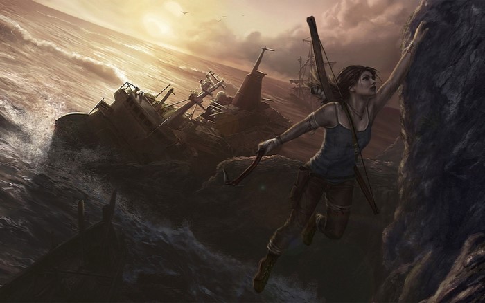 Lara Croft climbing rocks near shipwrecks in rough seas