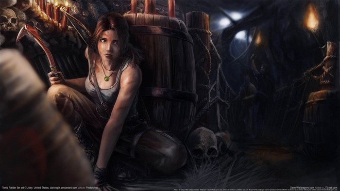 Lara Croft from Tomb Raider in a dark cave