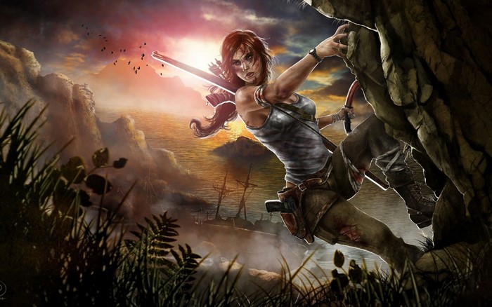 Lara Croft climbing a cliff in Tomb Raider