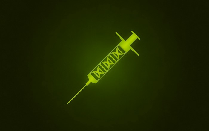 Syringe with DNA helix on dark green background