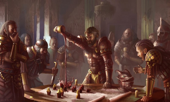 Men in armor pouring wine over a game board