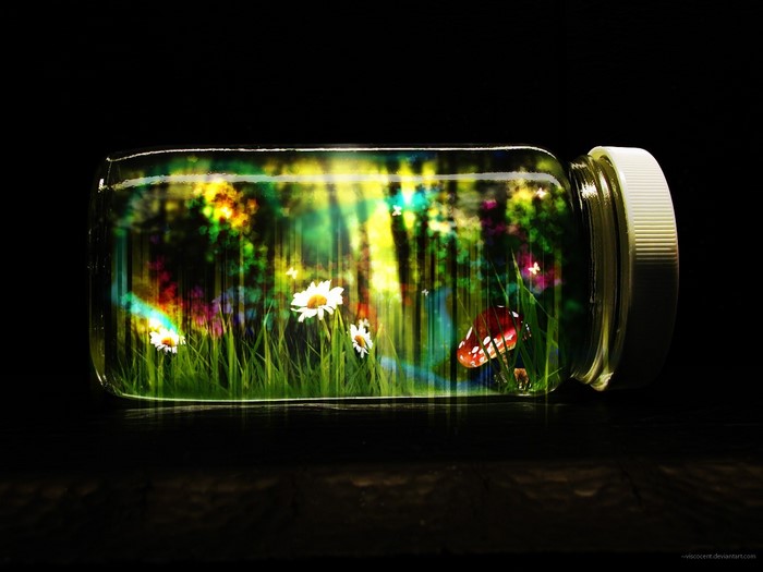 Magical forest scene inside a glass jar
