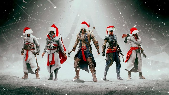 Assassins from Assassin's Creed wearing Santa hats