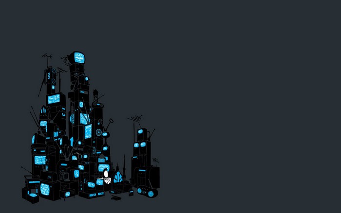 Illustration of a city made of televisions and electronics
