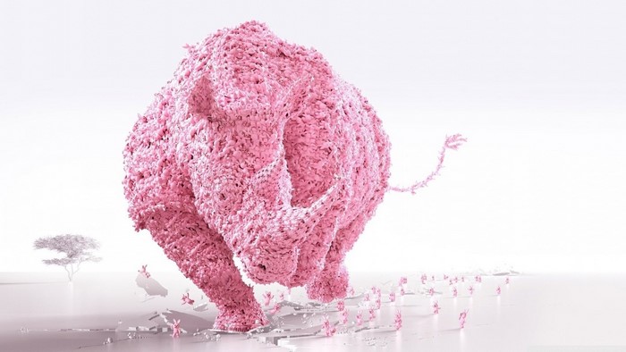 Pink rhino made of flowers breaking through ground