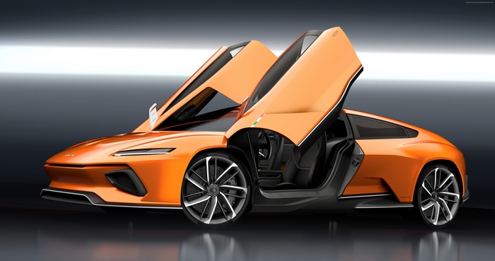Orange electric GT Zero shooting brake with butterfly doors