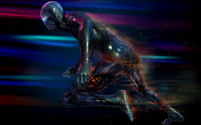 Futuristic robot running with colorful light streaks