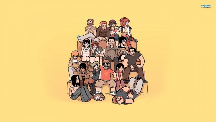 Scott Pilgrim characters sitting on bleachers