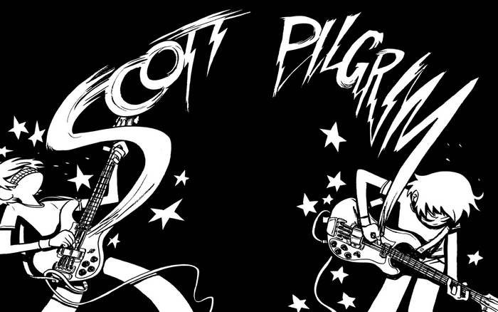 Scott Pilgrim illustration with two characters playing guitars