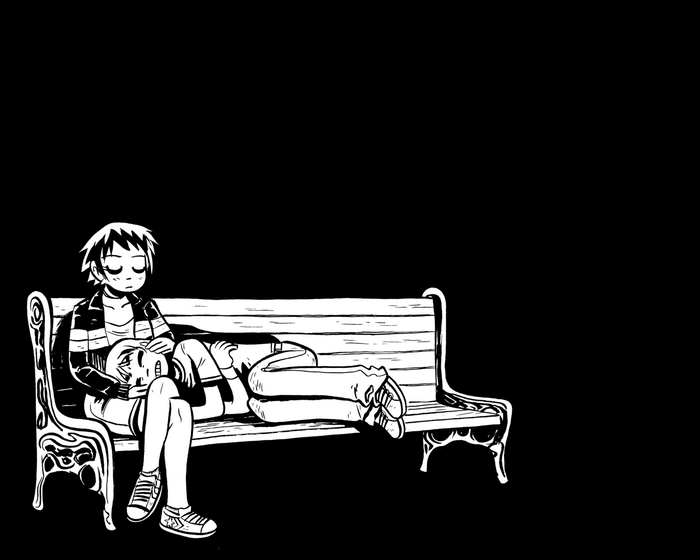 Scott Pilgrim and Ramona Flowers sitting on a bench