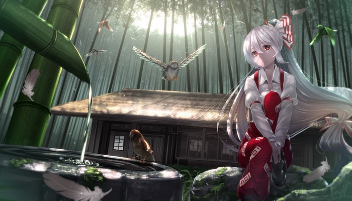 Fujiwara no Mokou from Touhou in a bamboo forest