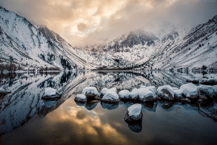 Snowy Mountains Reflecting in a Lake at Sunset, California
