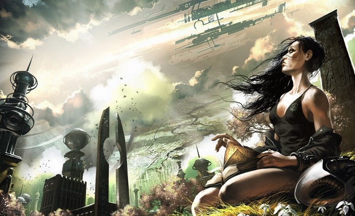 Woman reading a book in a futuristic landscape