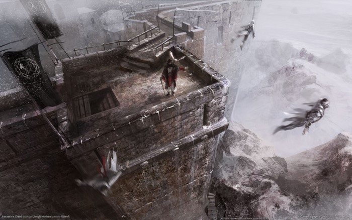 Assassins Creed characters leaping from a snowy fortress