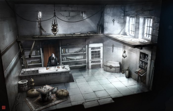 Assassin's Creed interior with a hooded figure at a desk