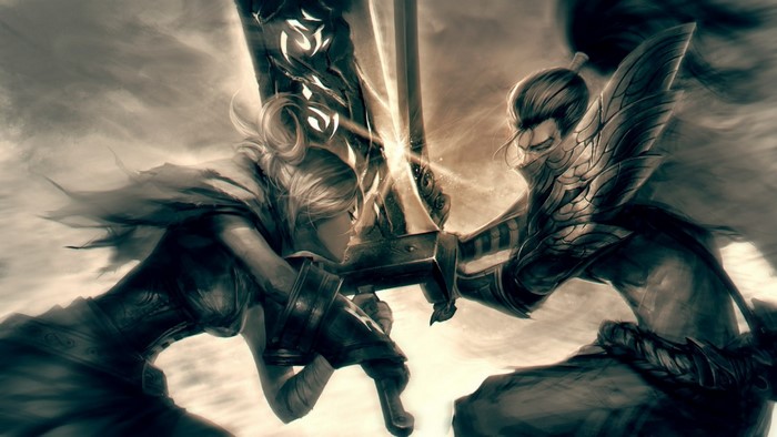 Riven and Yasuo from League of Legends clashing swords