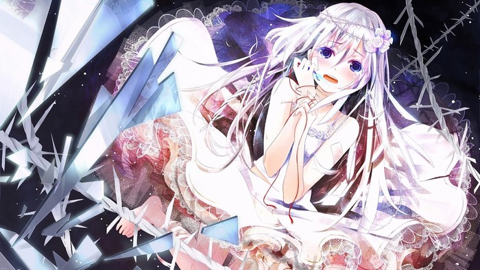 Anime girl with white hair and flower crown
