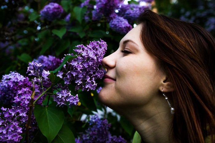 Woman smelling purple lilac flowers