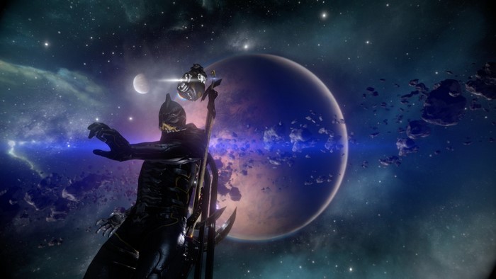 Warframe character in outer space with planets and asteroids