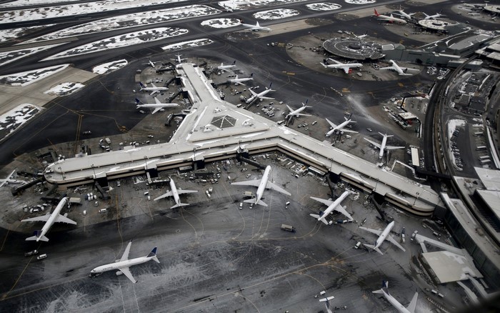 Aerial view of Newark Liberty International Airport in winter