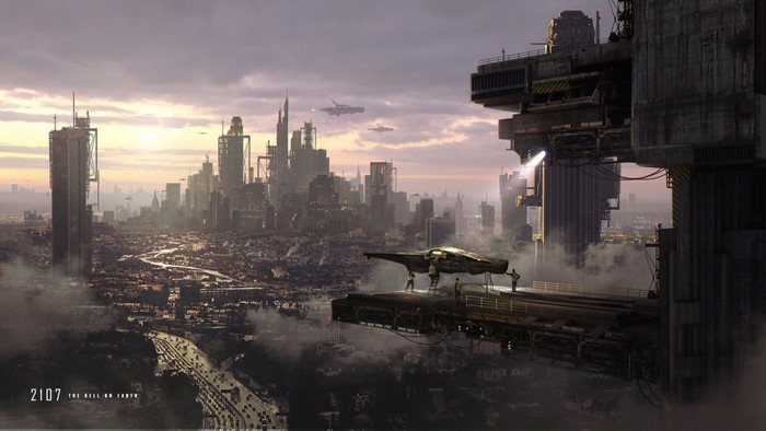 Futuristic city skyline at dusk with flying vehicles
