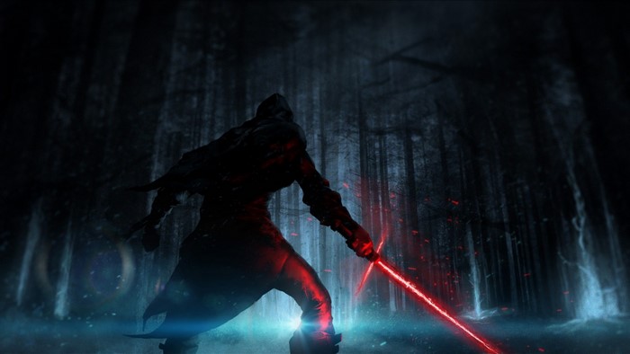Kylo Ren from Star Wars with a lightsaber in a dark forest