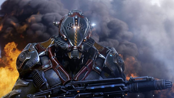 Robot soldier with a machine gun in a fiery background