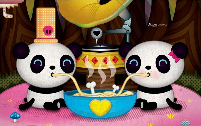 Two pandas eating noodles from a bowl, Zune Originals