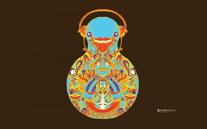 Psychedelic character with headphones and Zune Originals logo