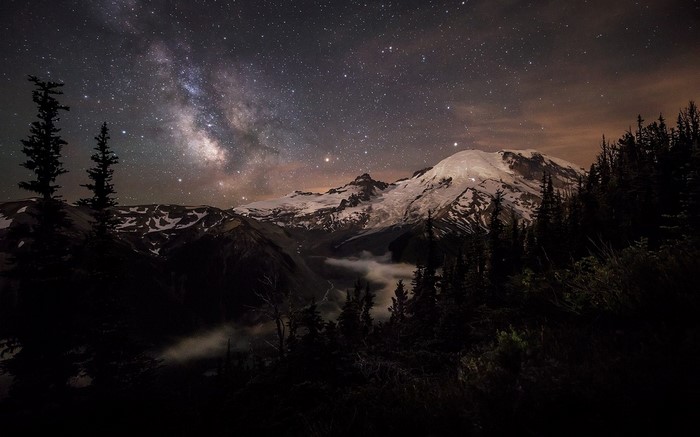 Milky Way over Mount Rainier at night