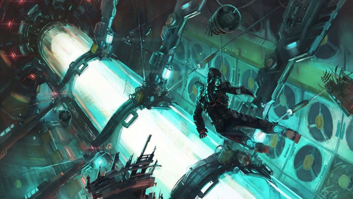 Isaac Clarke floating in a sci-fi facility