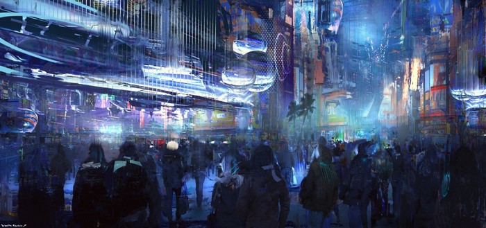 Cyberpunk cityscape at night with a crowd