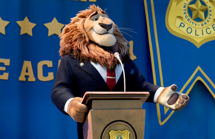 Mayor Lionheart from Zootopia at a podium