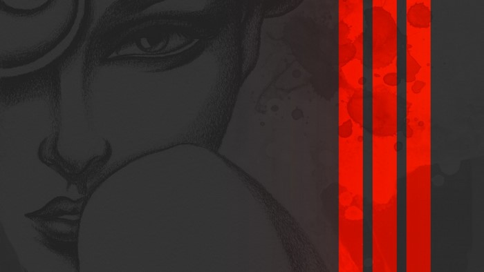 Drawing of a woman's face with red stripes