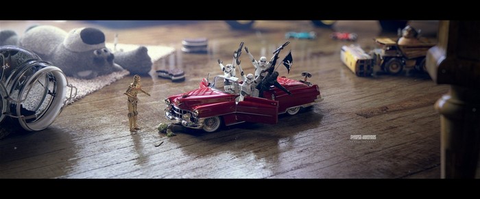Stormtroopers and C-3PO in a toy car