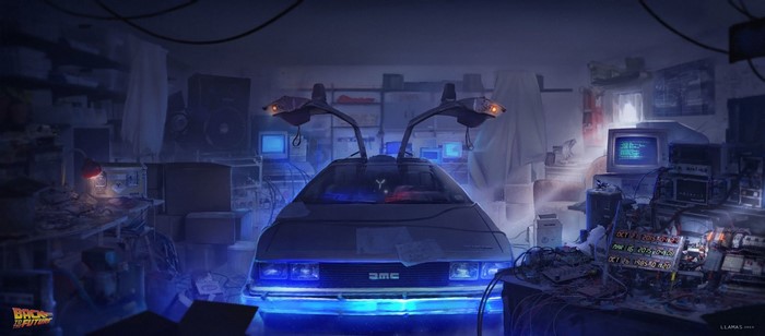 DeLorean time machine in a cluttered workshop