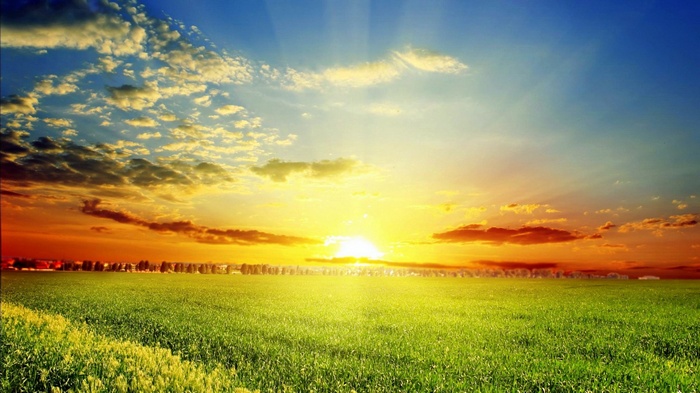 Sunrise over a green field with clouds