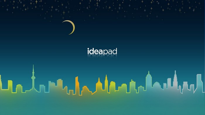 Lenovo Ideapad logo over a city skyline at night
