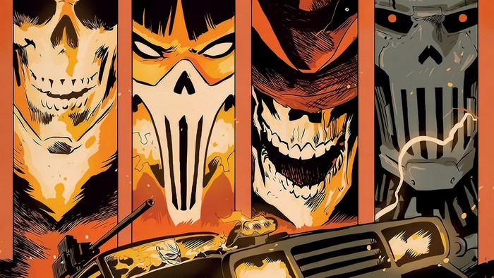Four skull-faced characters and a vehicle
