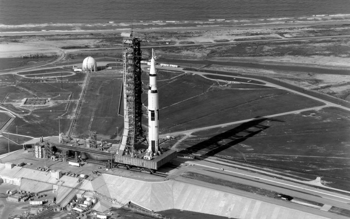 Saturn V rocket on launchpad at NASA