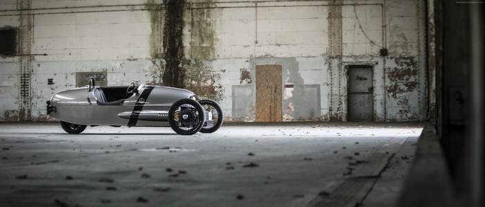 Morgan EV3 3 Wheeler electric car in warehouse