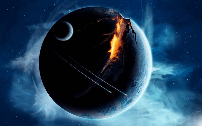 Exploding planet with moon and spaceships