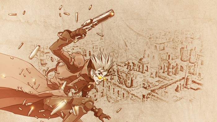 Vash the Stampede from Trigun firing a gun