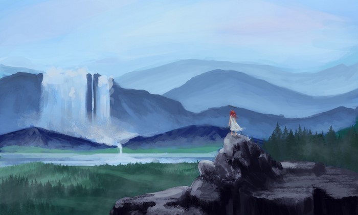 Woman on cliff overlooking waterfall and mountains