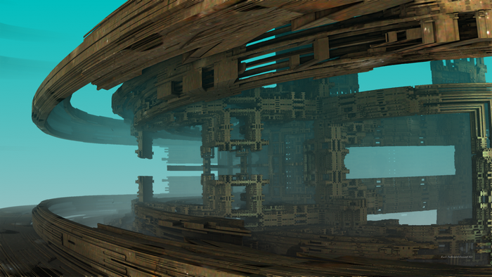 Science fiction fractal architecture in a hazy environment