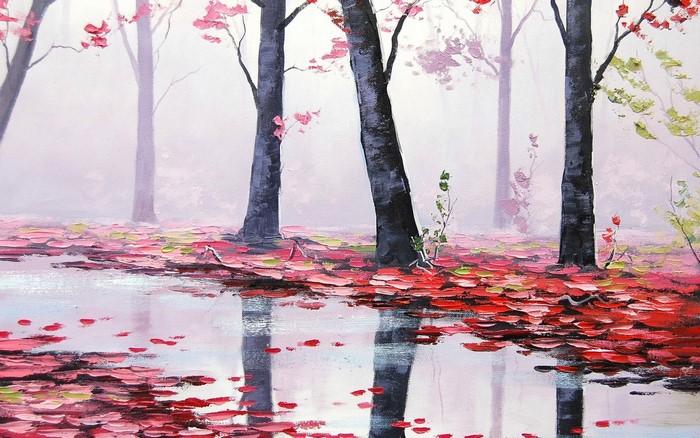 Painting of a misty forest with red leaves and reflections