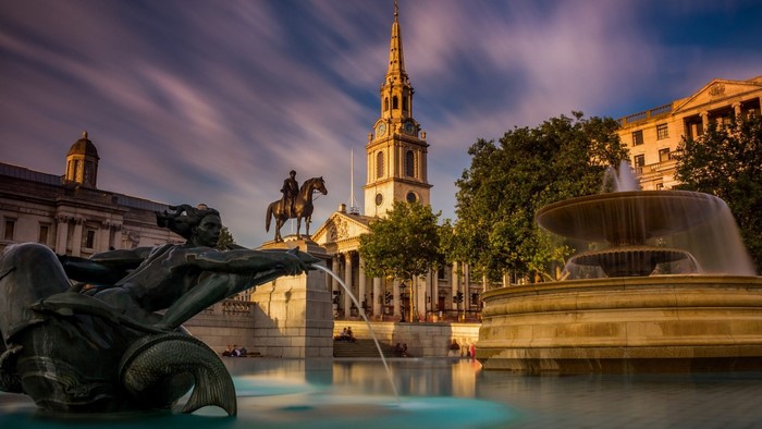 Trafalgar Square fountain and St Martin-in-the-Fields church, London